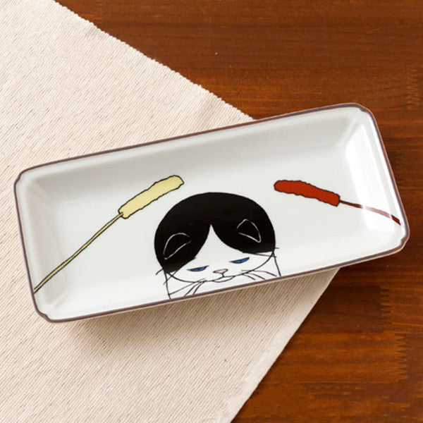Kutani Seal Japanese Pottery Kutani Yaki Cat Neko Jealousy Rectangle Plate NJ-008